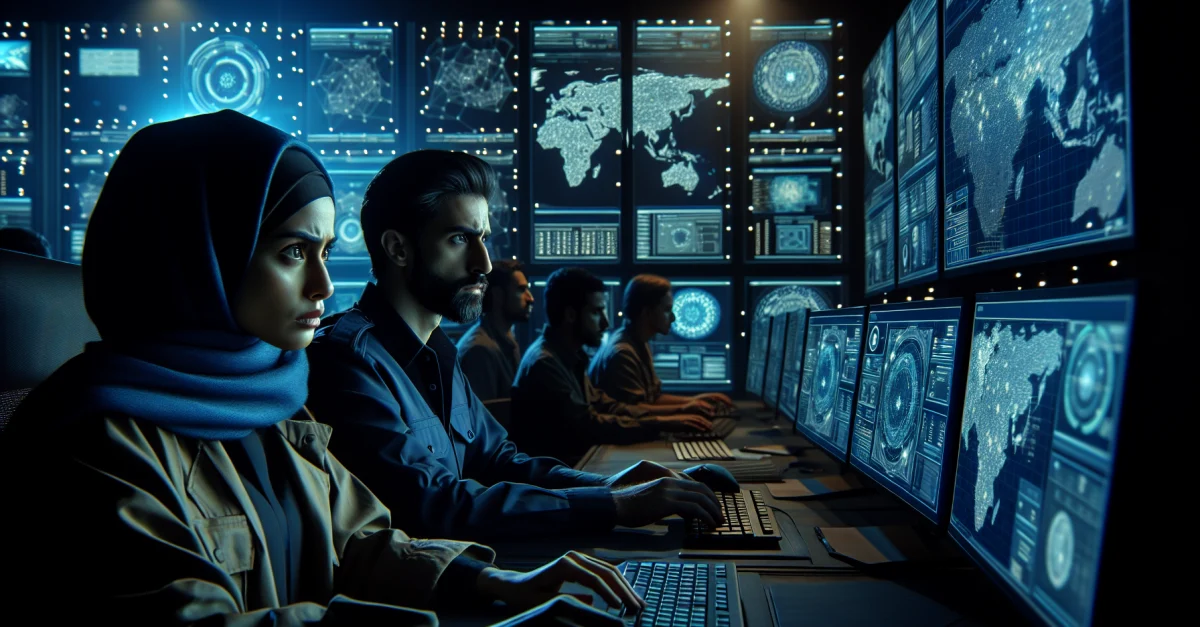 Cybersecurity-Analysten überwachen Bedrohungen in einem Kontrollzentrum. Sie analysieren aktuelle Angriffe auf die Supply-Chain-Sicherheit und Ransomware-Risiken.