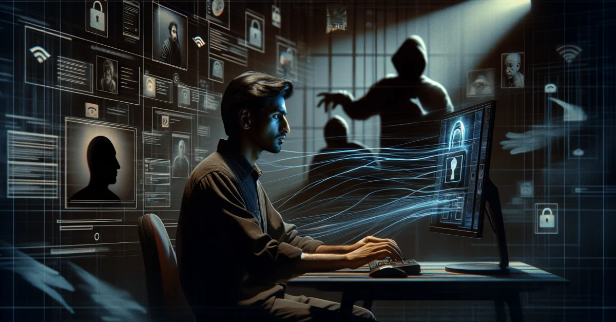 Person am Computer, beleuchtet von Bildschirm, zeigt digitale Manipulation. Thema: Ethik von KI und Verbot von Nudifier-Apps.