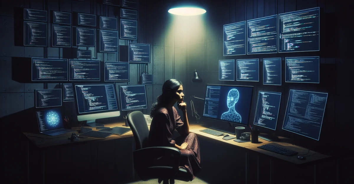 Ein nachdenklicher Programmierer an seinem Schreibtisch, umgeben von Bildschirmen mit Code und KI-Algorithmen, symbolisiert die Identitätskrise in der KI-Ära.