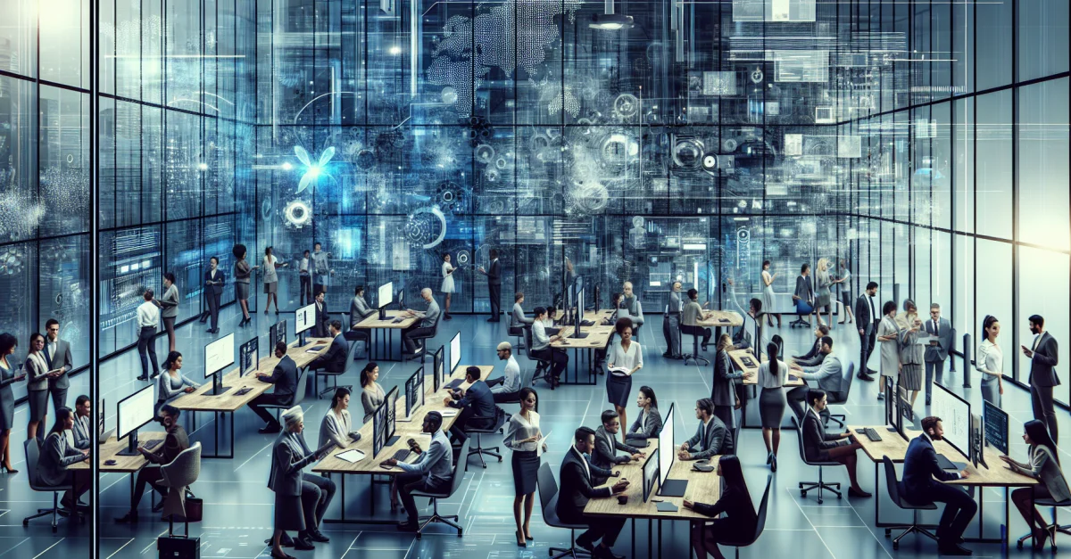 Moderne Büroumgebung mit Fachleuten, die mit KI-Tools zusammenarbeiten, und die Transformation der Wissensarbeit bei STADLER zeigen.