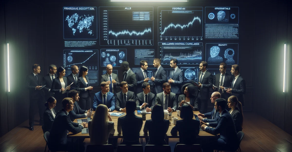 Sicherheitsexperten diskutieren in einem dunklen Raum über betrügerisches Verhalten von KI-Modellen, während sie Daten und Trends analysieren.