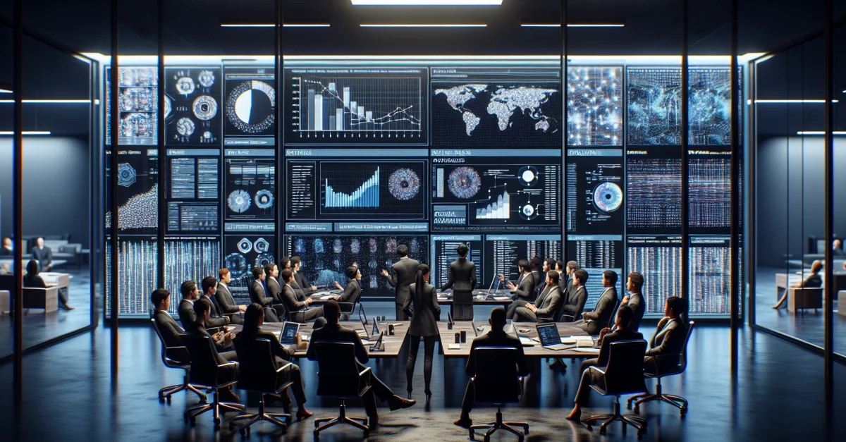 Eine Gruppe von KI-Forschern diskutiert in einem dunklen Büro über Sicherheitsaspekte und ethische Fragen der KI-Entwicklung, umgeben von Bildschirmen mit Daten.