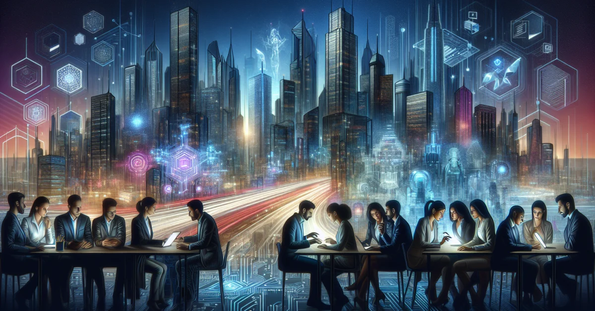 Futuristische Stadtansicht in China, die den Einfluss von KI-Tools wie Openclaw zeigt. Fachleute interagieren mit digitalen Geräten und symbolisieren technologische Adoption.