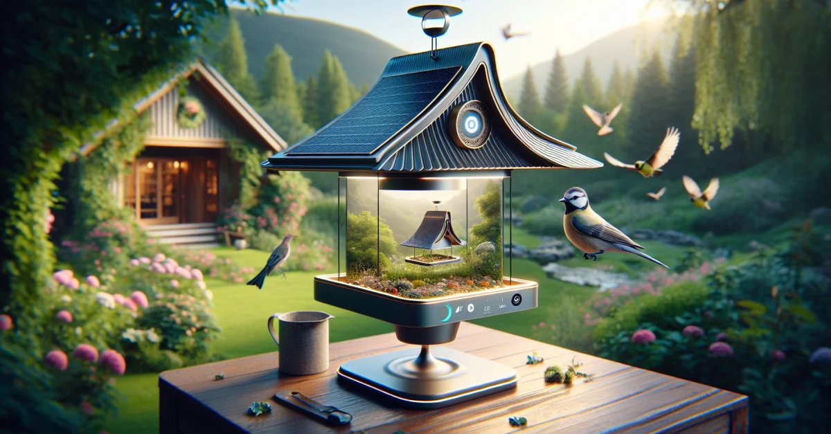 Ein moderner, AI-gesteuerter Vogelhaus mit Kamera und Solardach im Garten, der die Vogelbeobachtung revolutioniert. Teil von Amazons Frühjahrsverkauf.