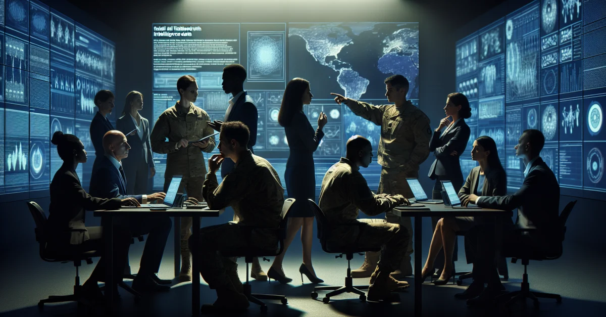US-Verteidigungsanalysten diskutieren über die Risiken und Chancen der Nutzung von Geheimdienstdaten für KI-Modelle in einem düsteren Raum.