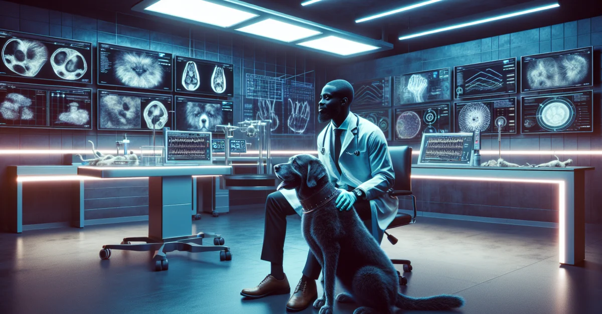 Ein besorgter Hundebesitzer in einer modernen Tierklinik, umgeben von KI-Tools zur Krebsbehandlung. Die Szene vermittelt Hoffnung und Unsicherheit.