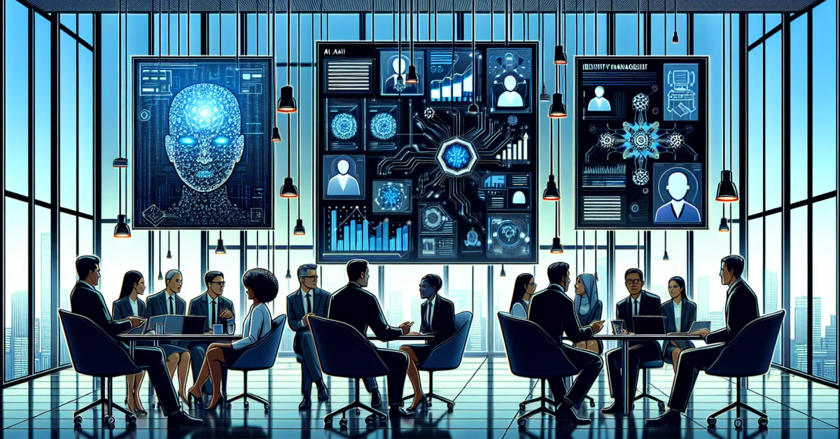 Professionelle Diskussion über Identitätsmanagement und KI-Integration in einem modernen Büro. Symbolisiert die Zukunft der Sicherheit.