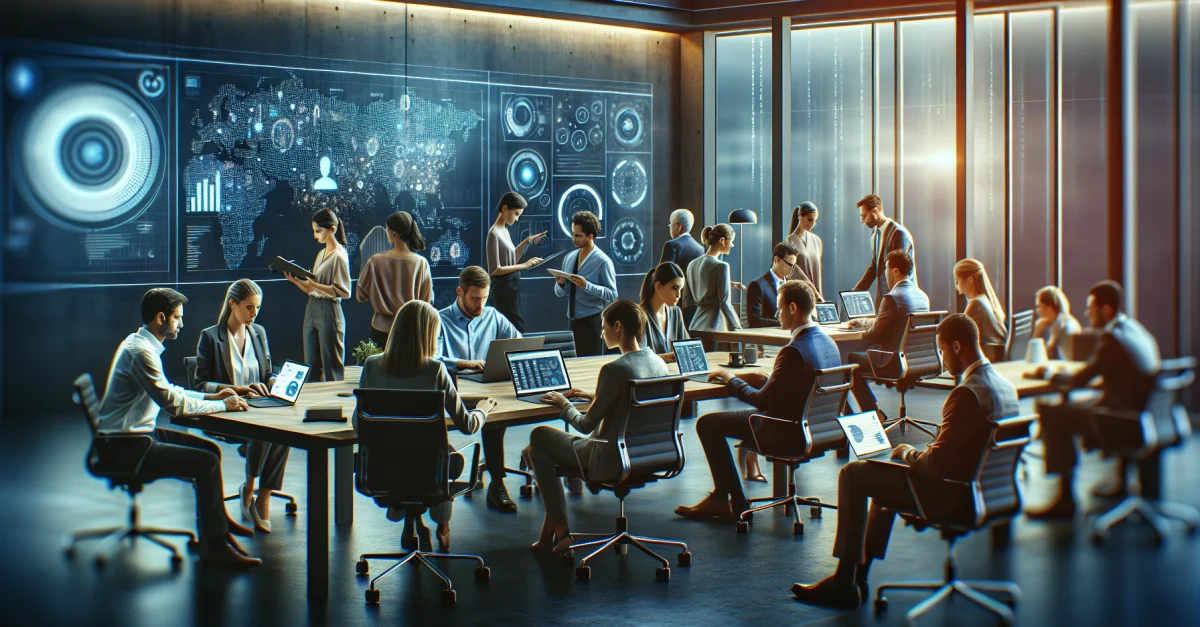 Professionals collaborating in a modern office with Microsoft 365 Copilot. Focus on AI-driven quality control and efficiency enhancement.