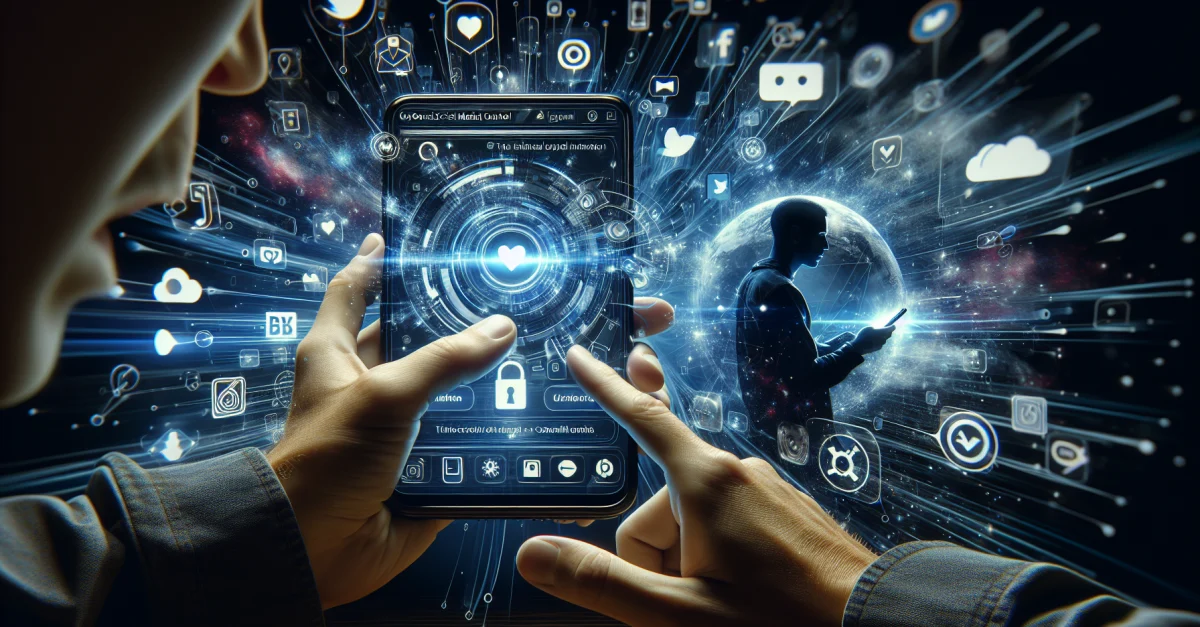 Visualisierung einer Person, die die Attie-App auf ihrem Smartphone nutzt, um ihren Social-Media-Feed aktiv zu gestalten. Symbolisiert Kontrolle über digitale Inhalte.