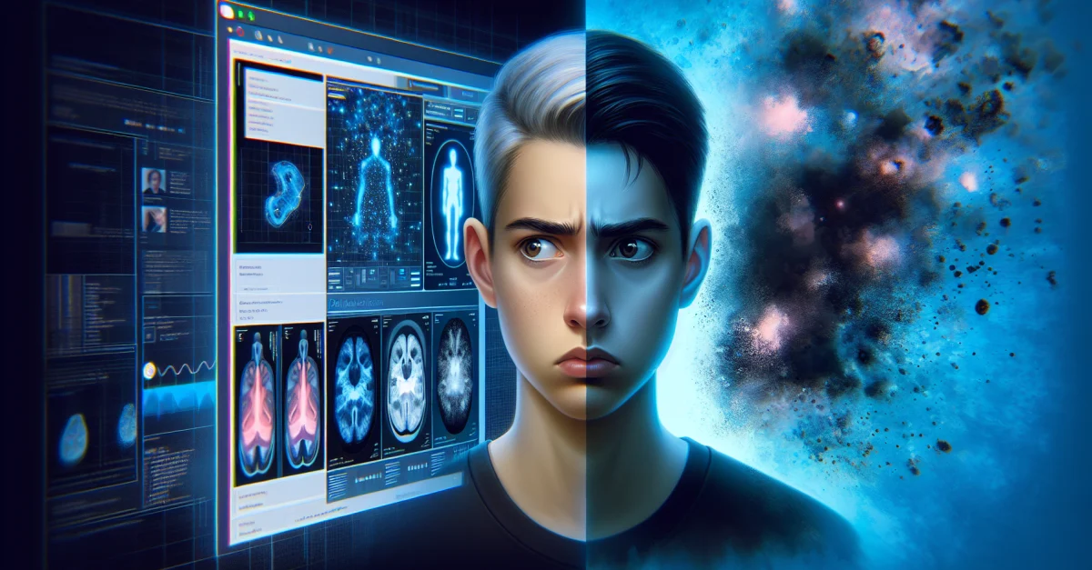 An illustration depicting the tension between AI models and the reality of image description, featuring a futuristic interface and a puzzled individual.