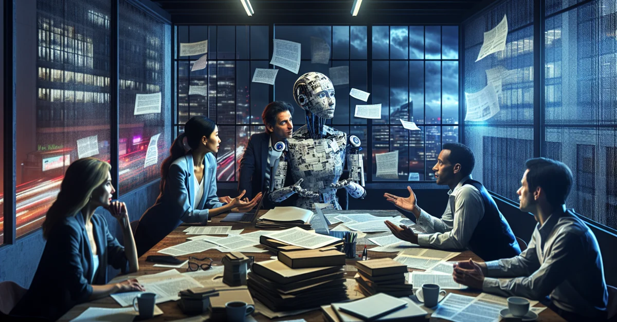 Verleger und Autoren diskutieren in einem Büro über die Herausforderungen und Chancen von KI in der Verlagswelt. Ein entscheidender Moment für die Branche.