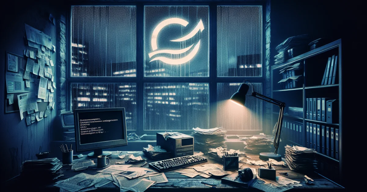 A dim office with a discarded video app logo and a flickering computer screen, illustrating the challenges of technological innovation.