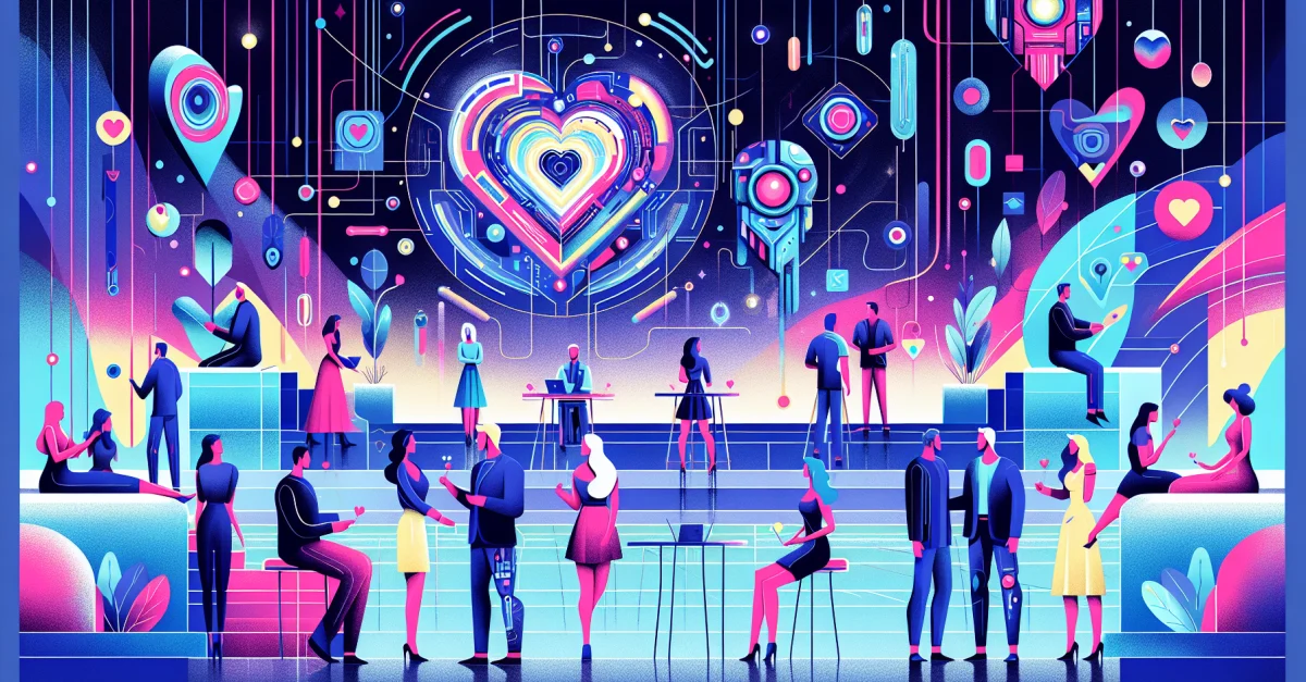 Futuristisches Dating-Show-Set mit Teilnehmern und digitalen Elementen, die die Innovation von KI in der Unterhaltungsbranche darstellen.