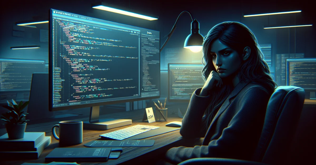 A developer in a dimly lit office contemplates the implications of GitHub Copilot's integration of advertisements into pull requests, reflecting community backlash.