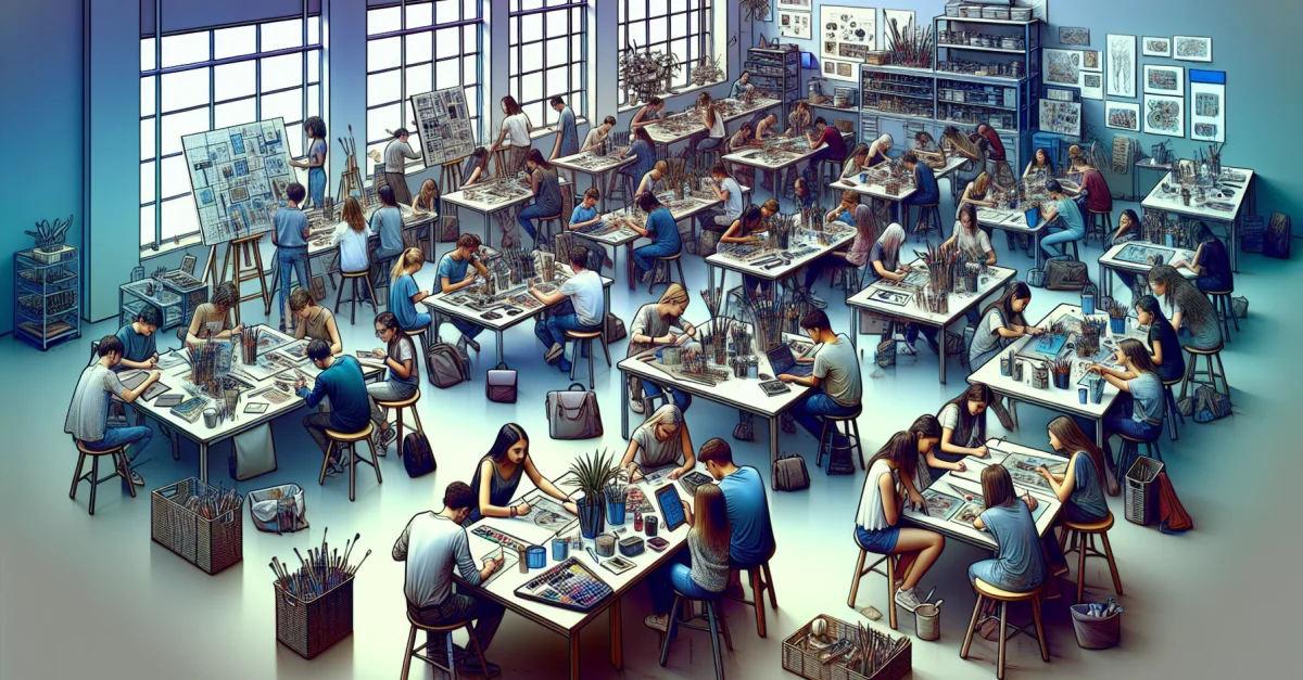 An art classroom with students using traditional and modern tools, illustrating the impact of AI on art education and creative practices.