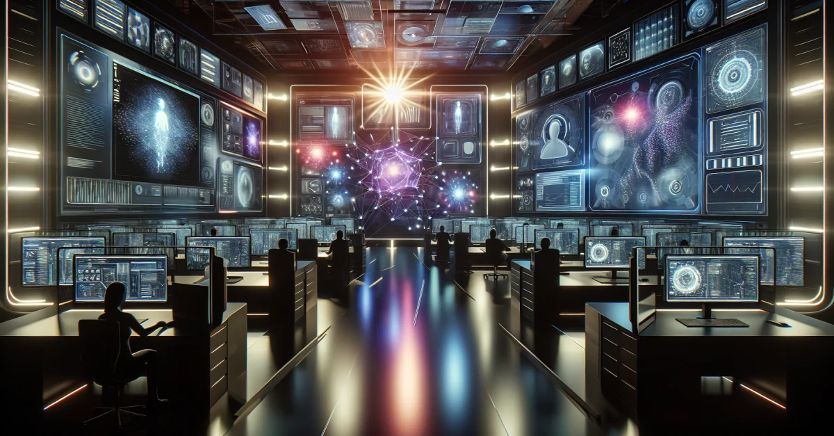 Futuristic workspace with multiple screens displaying various AI models, symbolizing Microsoft's revolutionary approach to AI utilization.