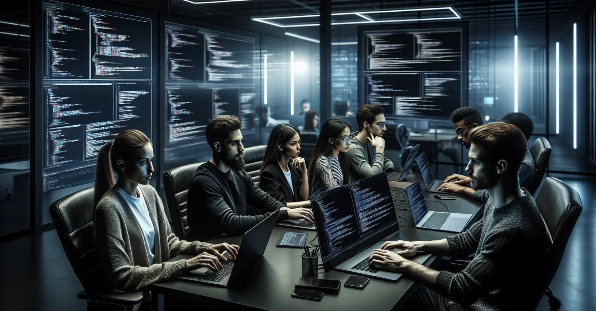 Developers collaborate in a modern office using AI-assisted programming tools. The image represents the future of software development with OpenAI and Claude.