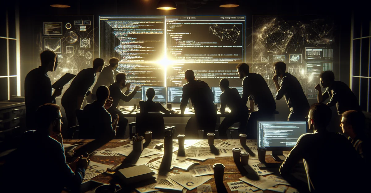 Developers in an office discuss the leaked source code of Anthropic's Claude Code. The scene highlights the urgency of the situation.