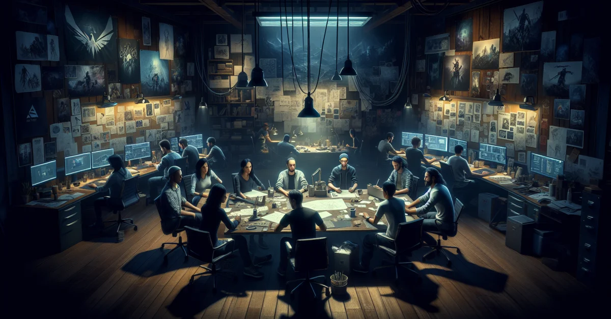 Ein kreatives Team von Entwicklern in einem Gaming-Studio, das innovative Ideen erarbeitet. Symbolisiert Nintendos Fokus auf Qualität in der Krisenlandschaft der Videospielindustri