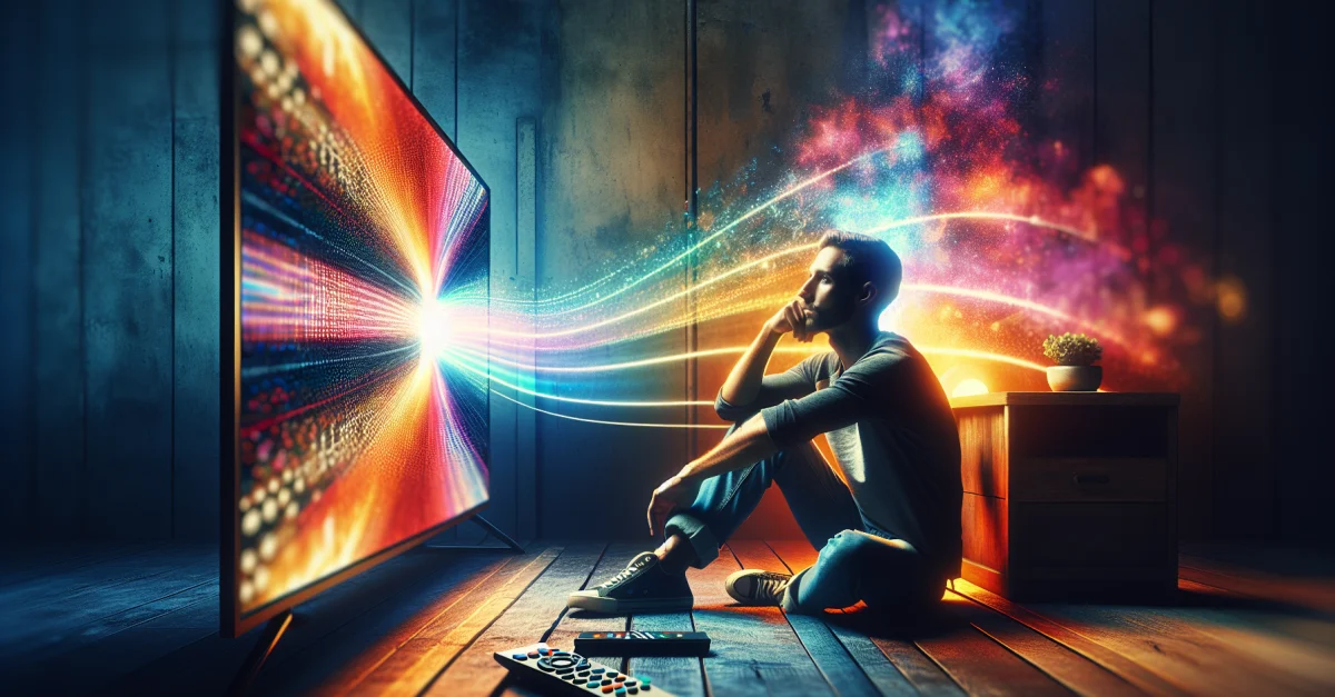 A user sits in front of a TV displaying the Magenta TV 2.0 interface. The image captures mixed feelings about new features and limitations of the service.