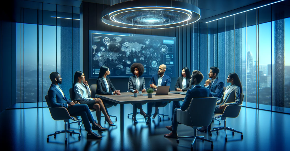 Professionals discuss the new ChatGPT Super App in a modern office. The focus is on its impact on enterprise solutions and the need for adaptation.