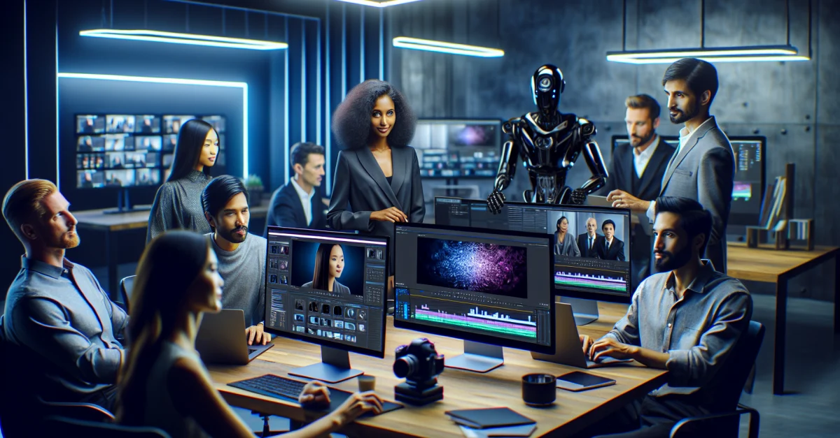 Professionals collaborating on video production with AI tools in a modern workspace. Focus on innovation for small and medium-sized enterprises.