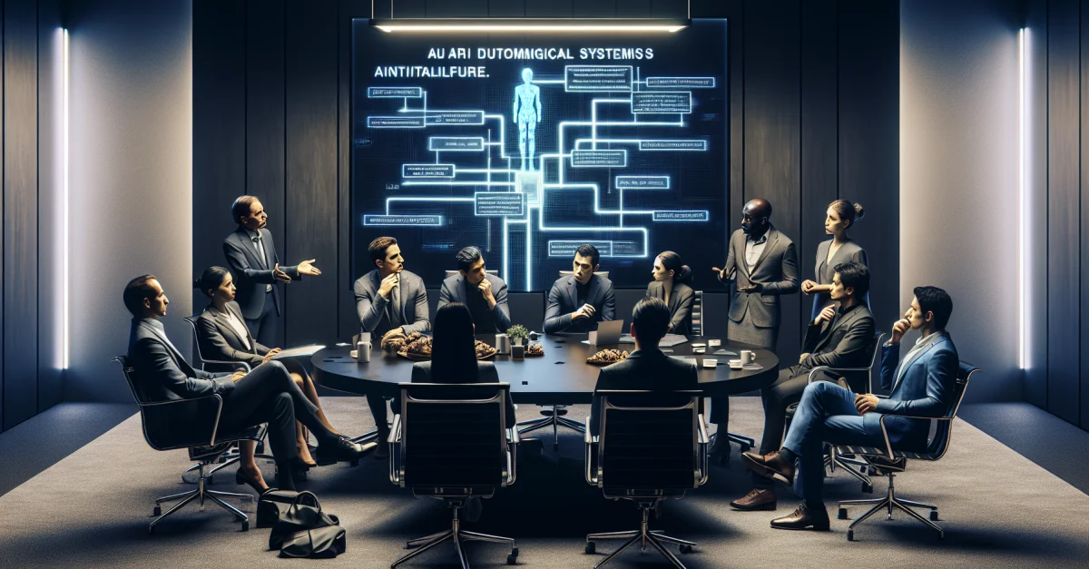 Professionelle Diskussion über ethische Verantwortung autonomer Systeme in einem modernen Konferenzraum. Fokus auf Fairness und Verantwortung in der KI-Entwicklung.